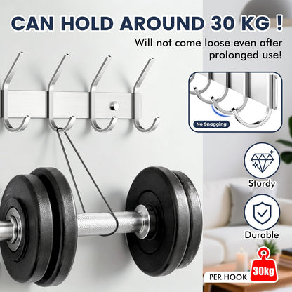 TINIFO Coat Hooks Wall Mounted - Stainless Steel Coat Rack 4 Hook, Silver