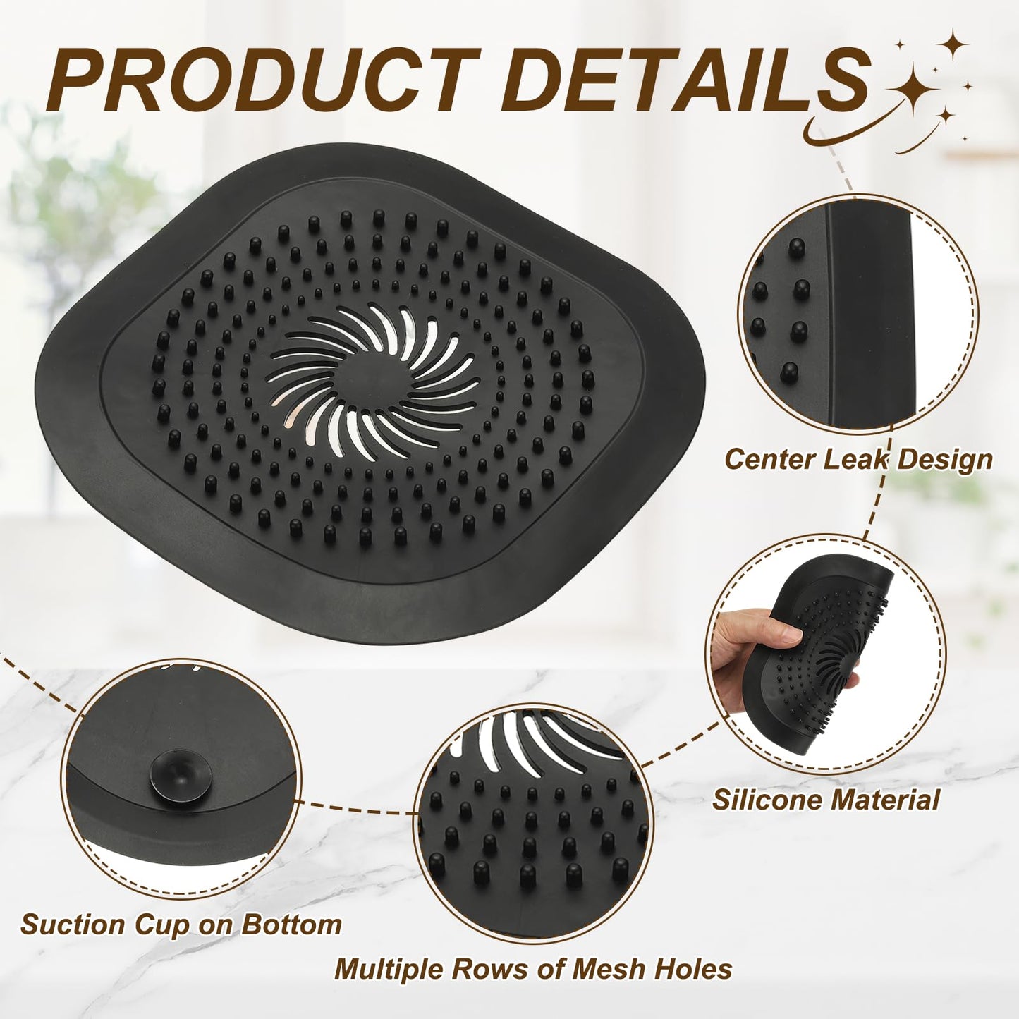 sourcing map 2 Pcs Square Drain Cover, 5.9 Inch Shower Hair Catcher Drain Cover for Shower Room Bathtubs Kitchen Sink Laundry Room, Black
