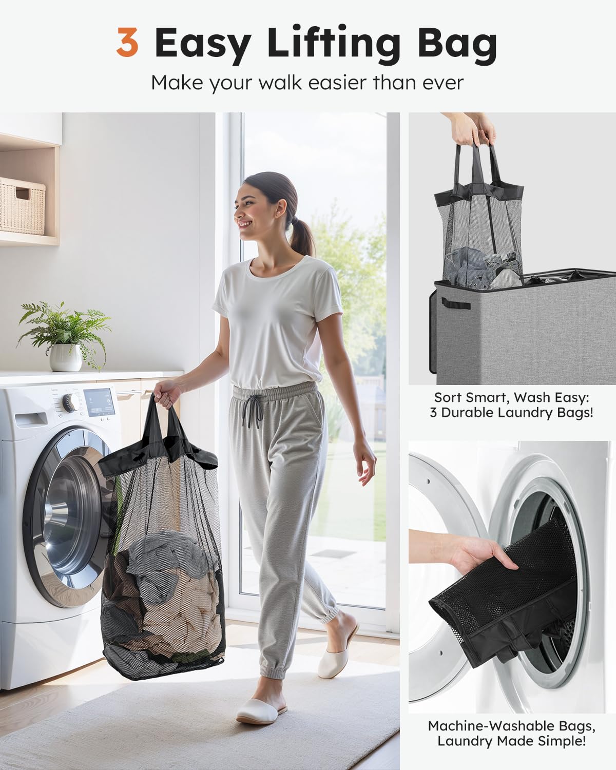 SOLEDI 180L Laundry Basket 3 Section, Extra Large Laundry Hamper with Lid, Dirty Clothes Hamper with Sturdy Handle, Large Laundry Basket Organizer for