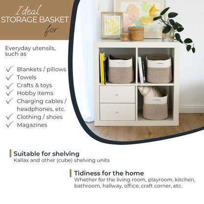HMF Storage Basket with Hidden Handles, Set of 3, Cotton Basket, 37.5 x 25 x 22.5 cm, White/Brown