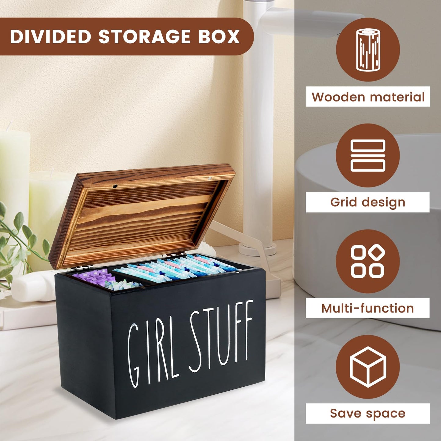 Tampon Holder for Bathroom Versatile Tampon Storage Pad Organizer Wood Period Box Rustic Tampon and Pad Storage Container with Lid Large Capacity