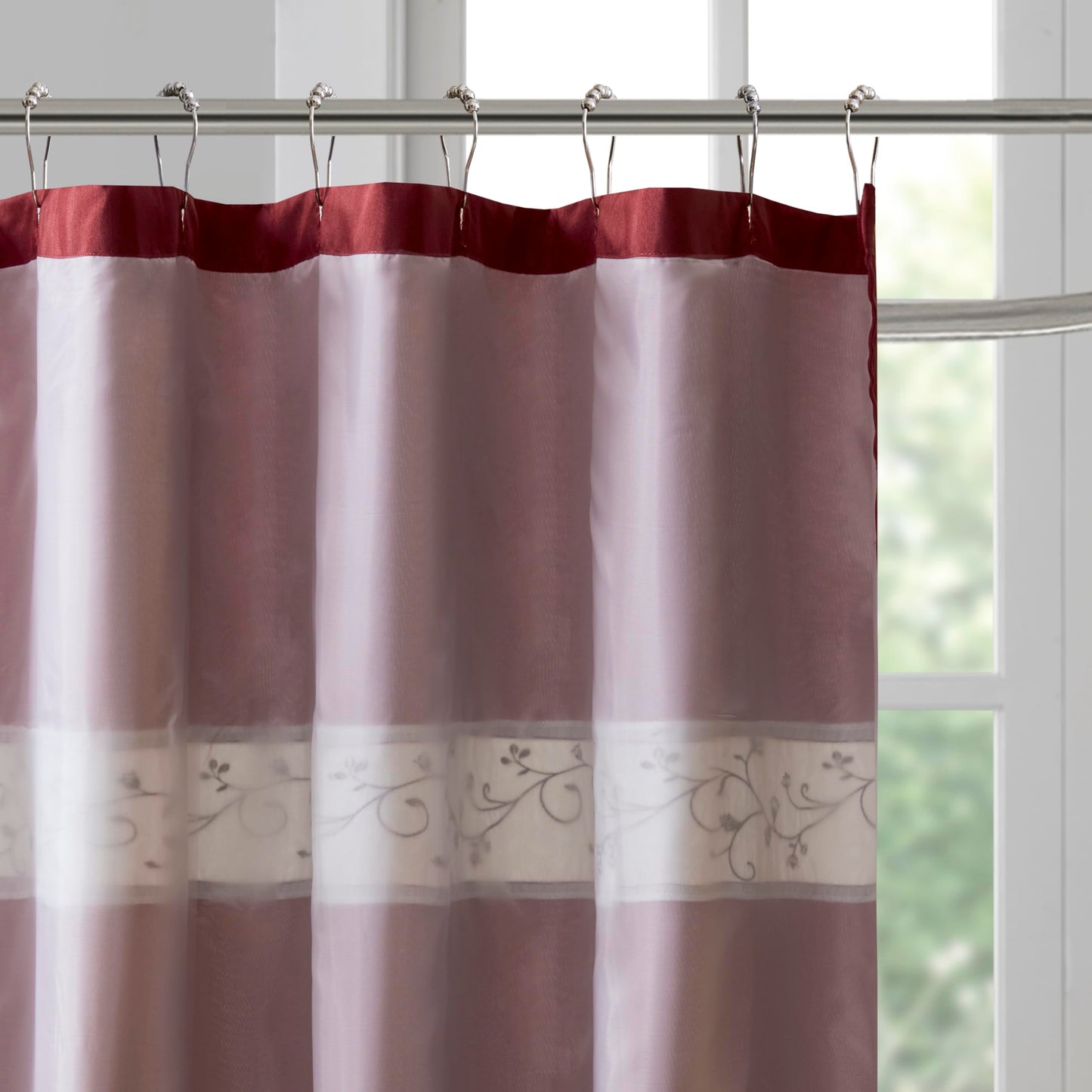 Madison Park Serene Flora Fabric Shower Curtain, mbroidered Transitional Shower Curtains for Bathroom, 72" x 72", Red