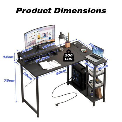 HIHOBDAY L Shaped Gaming Desk 100x70cm, Corner Desk with Monitor Riser, Built-in Power Strip & USB, Headphone Hooks, Multi-Tier Storage Shelves