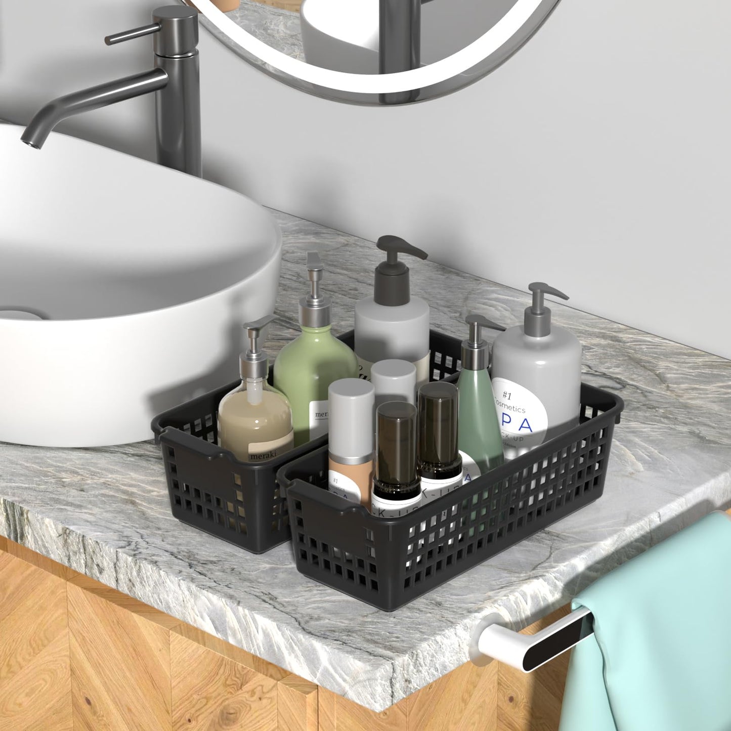 Ysmiltion 6-Pack Slim Plastic Storage Baskets, Small Cupboard Basket, Black