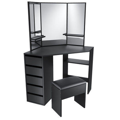 ELEGANT Corner Dressing Table with Padded Stool, Vanity Desk with 5 Drawers