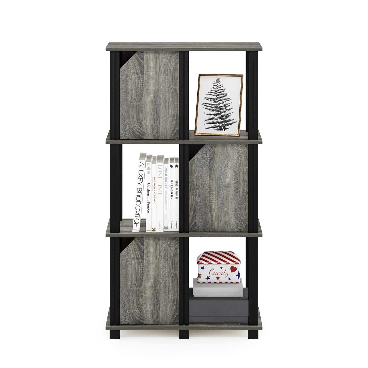 Furinno Brahms 4-Tier Storage Shelf with 3 Doors, French Oak Grey/Black