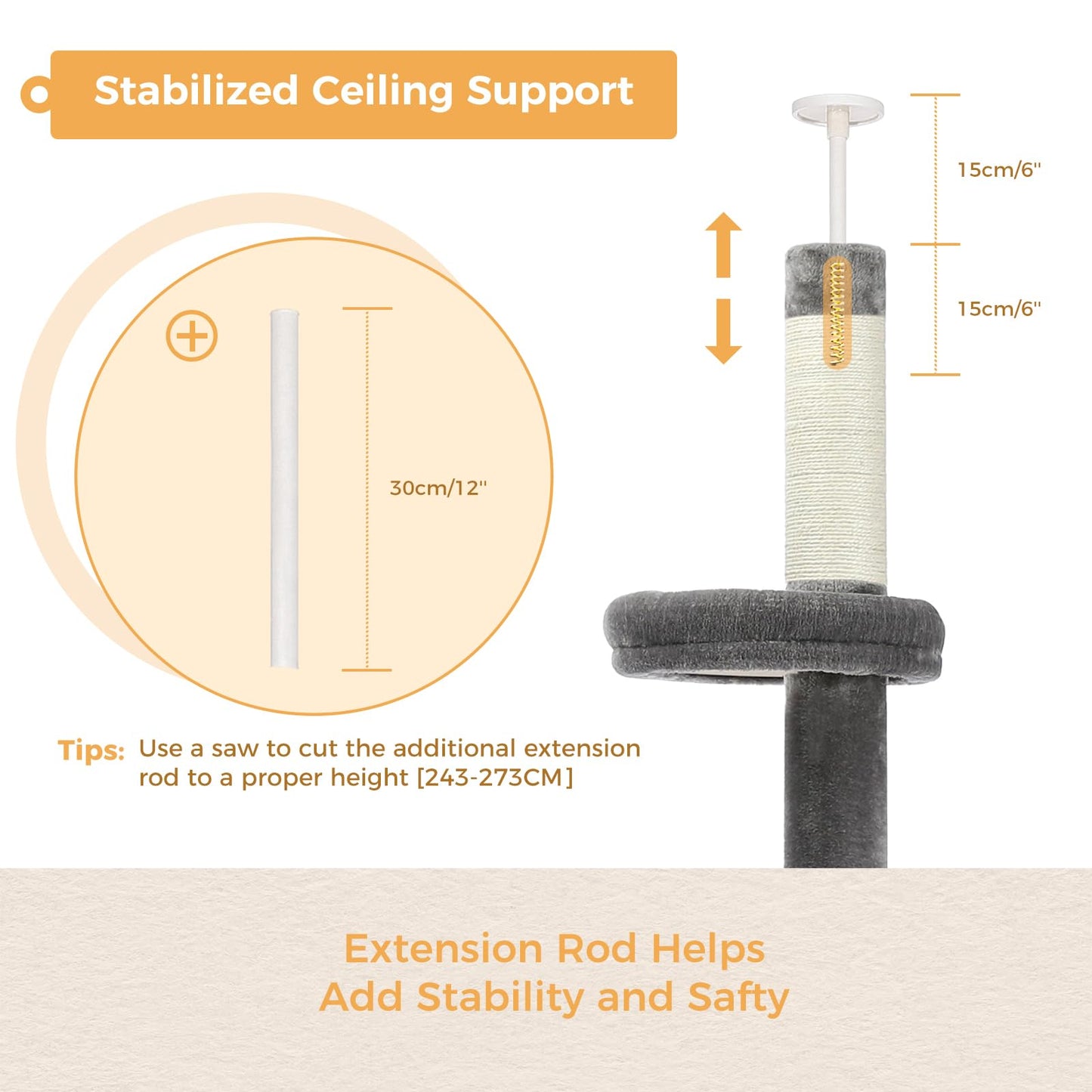 PAWZ Road Cat Tree 5-Tier Floor to Ceiling Cat Tower Height Adjustable, Tall Kitty Climbing Activity Center with Scratching Post, Cozy Bed, Dangling