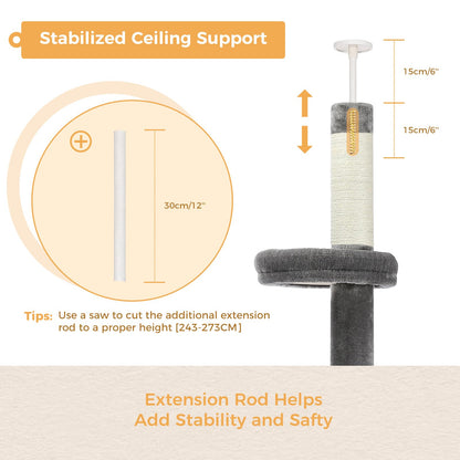 PAWZ Road Cat Tree 5-Tier Floor to Ceiling Cat Tower Height Adjustable, Tall Kitty Climbing Activity Center with Scratching Post, Cozy Bed, Dangling