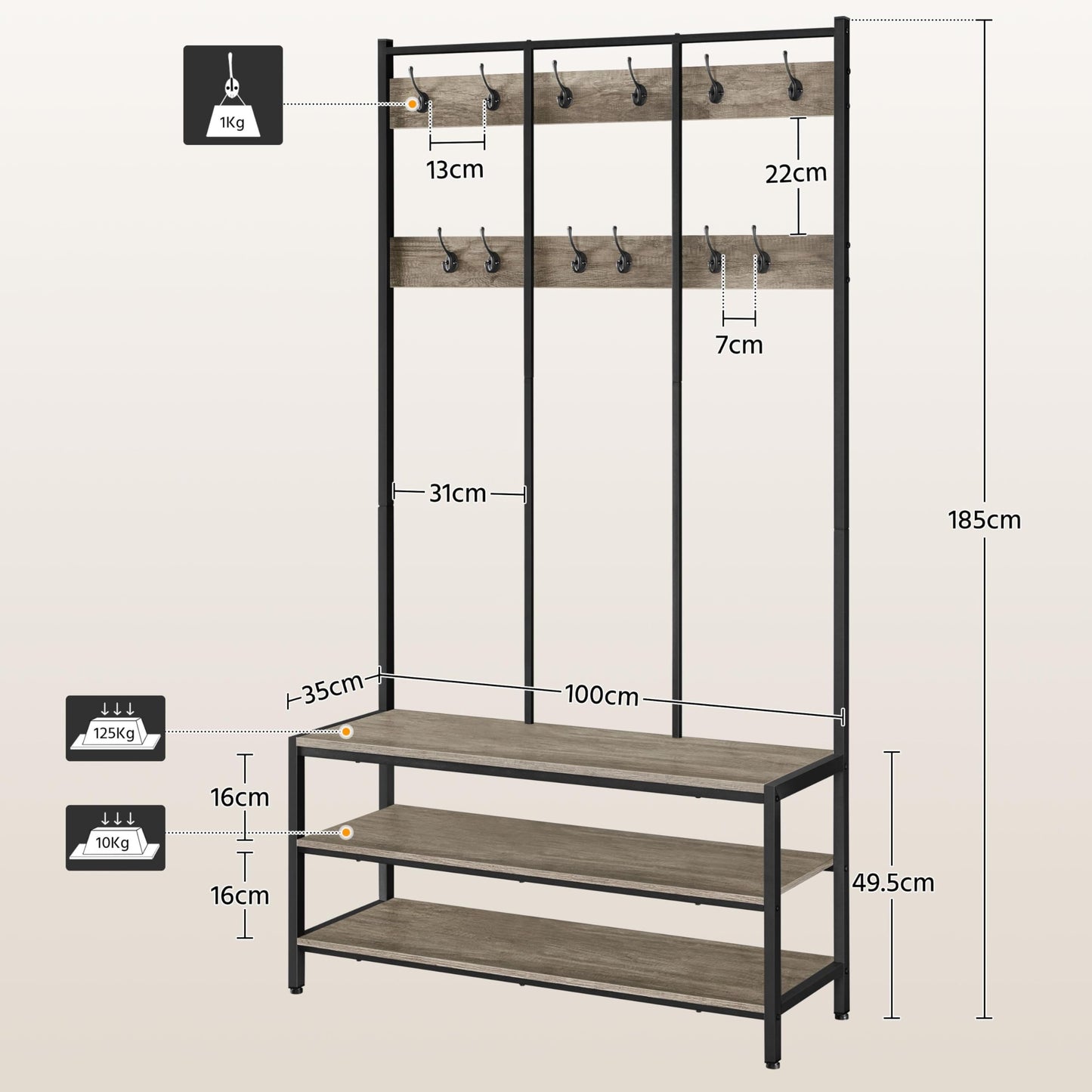 Yaheetech 3-in-1 Hall Tree Coat Rack with Shoe Bench & 24 Hooks, Gray