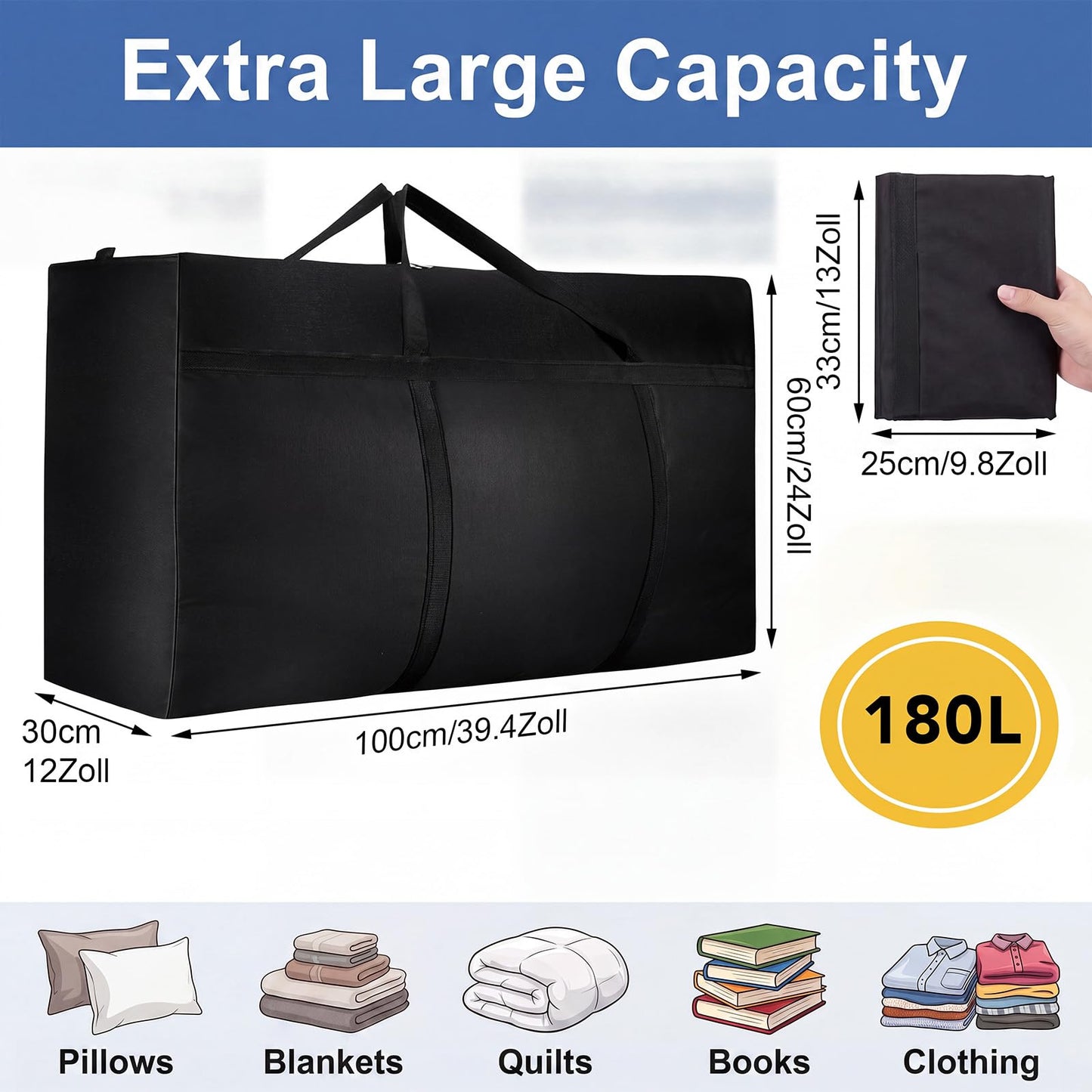 2 Pack 180L Jumbo Moving Bags, Storage Bags, Moving Box with Zip, Black