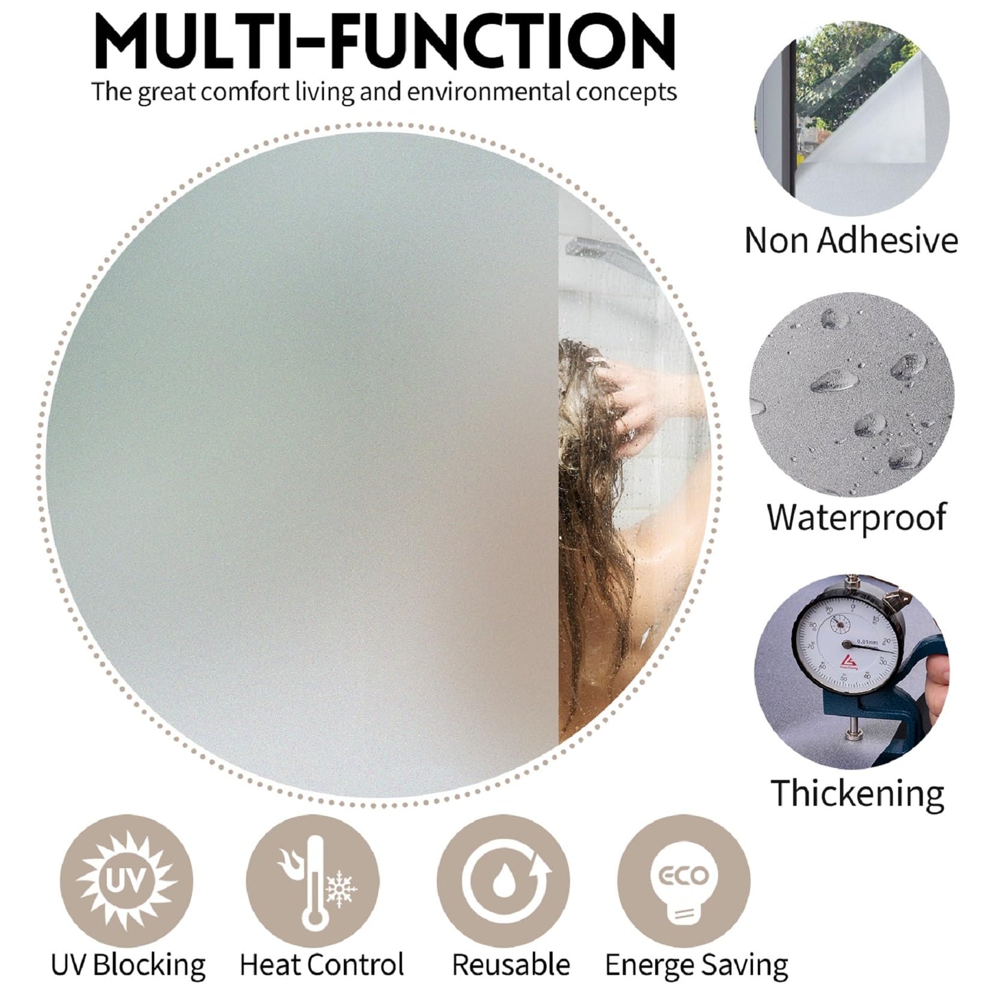 KESPEN Frosted Window Film Privacy, Total Privacy Film For Glass Windows, No Glue Anti UV Static Cling Heat Blocking Film, 60 X 200 cm