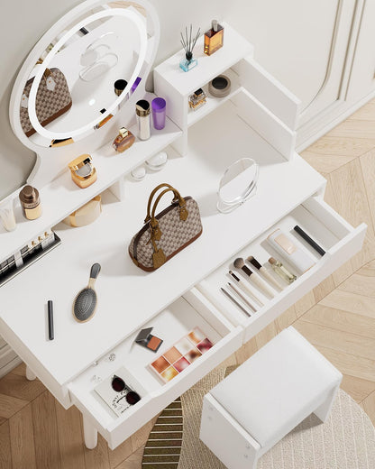 Dressing Table with Round Mirror and Stool, Small Vanity Desk, White