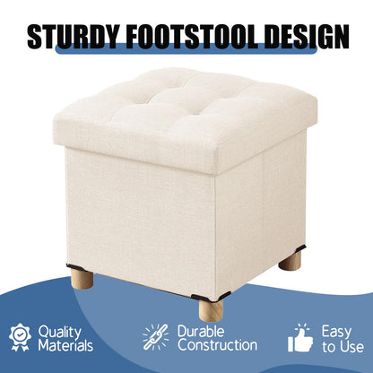 BRIAN & DANY Folding Storage Ottoman with Wood Legs, Linen Foot Stool, Storage Chest with Highly Elastic Sponge Filling, Beige, 38 x 38 x 38 cm