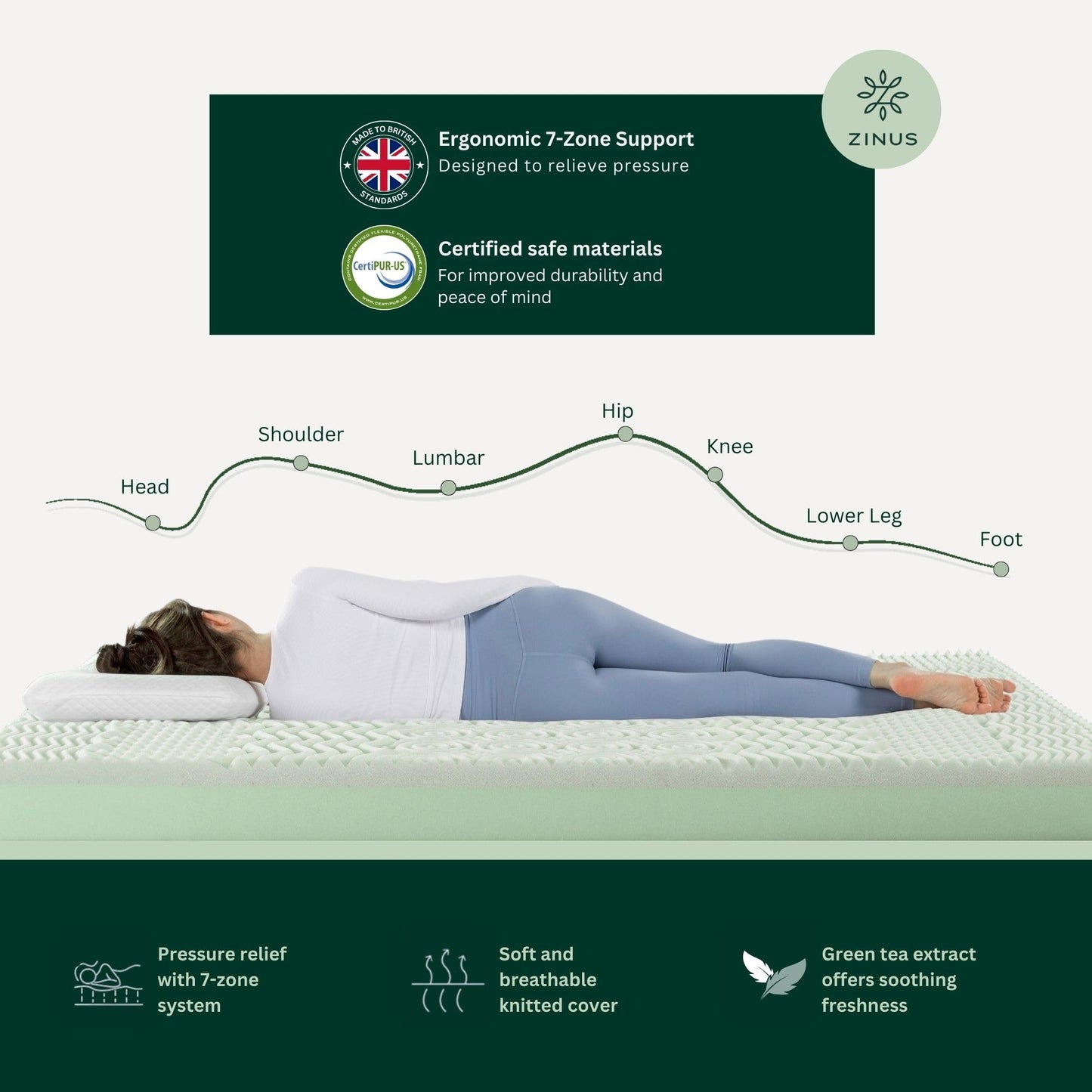 Zinus Double Mattress Memory Foam Infused with Green Tea - 4ft6 (135 x 190 cm) - 8'' Height - Medium Firm Orthopaedic Support - OEKO-TEX Certified