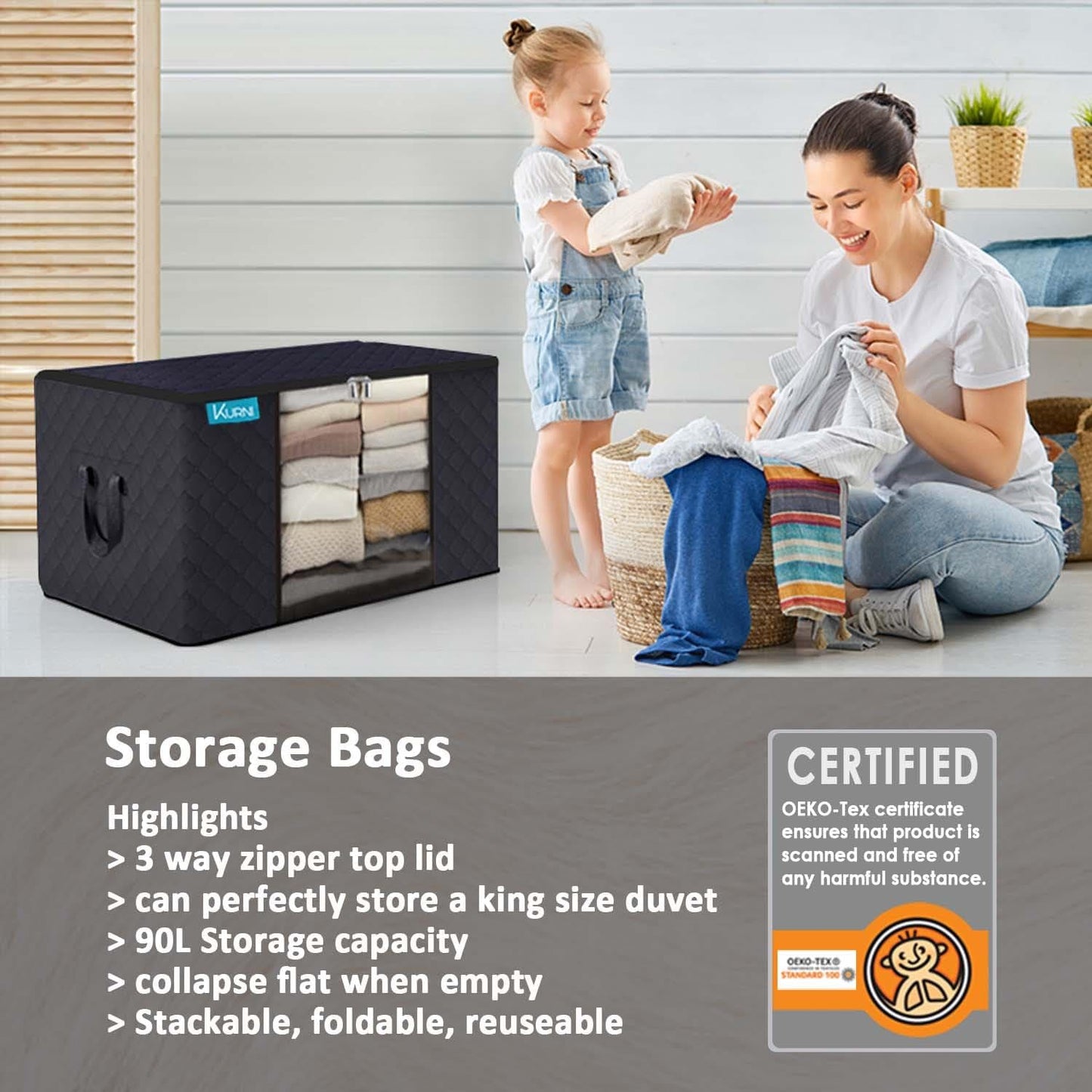 KURNI Storage Bags | Clothes Organizer Boxes, Foldable 6 Pack Black, 90L Capacity, 3 Sided Zipper Moving Large Bag. Dust & Moisture Proof