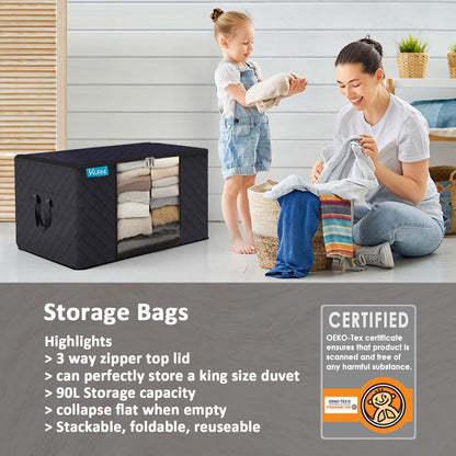 KURNI Storage Bags | Clothes Organizer Boxes, Foldable 6 Pack Black, 90L Capacity, 3 Sided Zipper Moving Large Bag. Dust & Moisture Proof