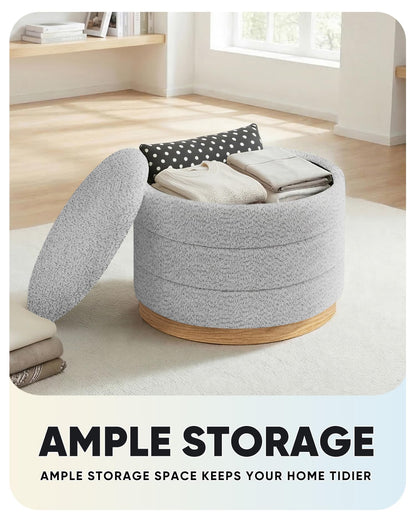 Bonlife Round Chenille Storage Ottoman, Folding Footstool with Table Top, 58x58x44cm, Load Capacity 150kg, for Living Room Bedroom Hallway