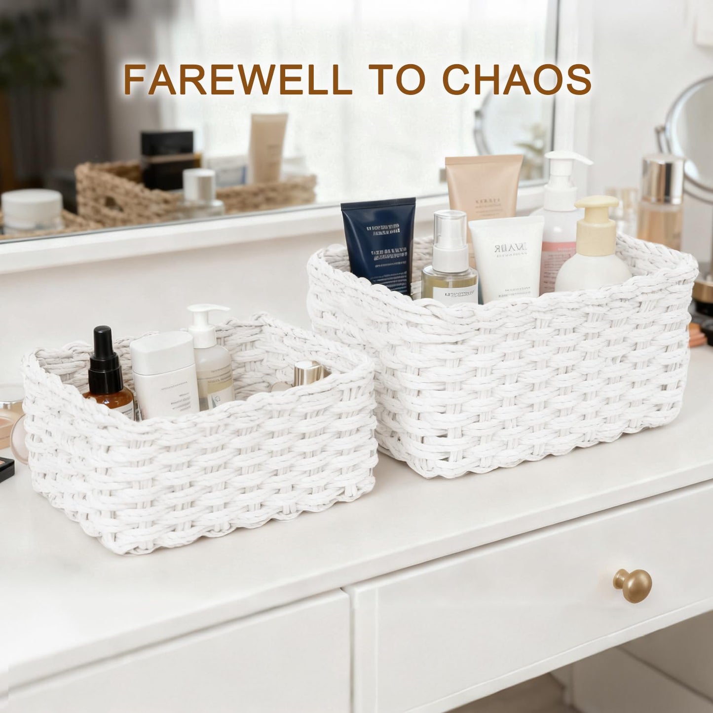 Purecas Woven Storage Baskets 4-Piece Set Stackable Paper Rope Baskets Boho Decor Organiser Box for Nursery Changing Table Living Room Kitchen