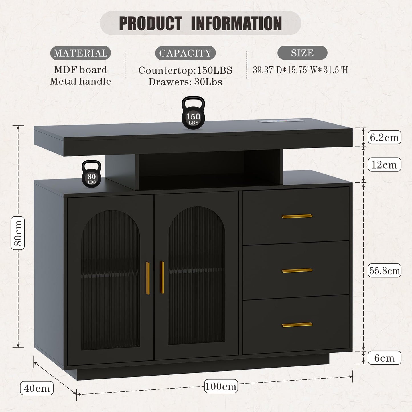FREDEES Sideboard Buffet Cabinet with 3 Drawers and LED Lights, Black