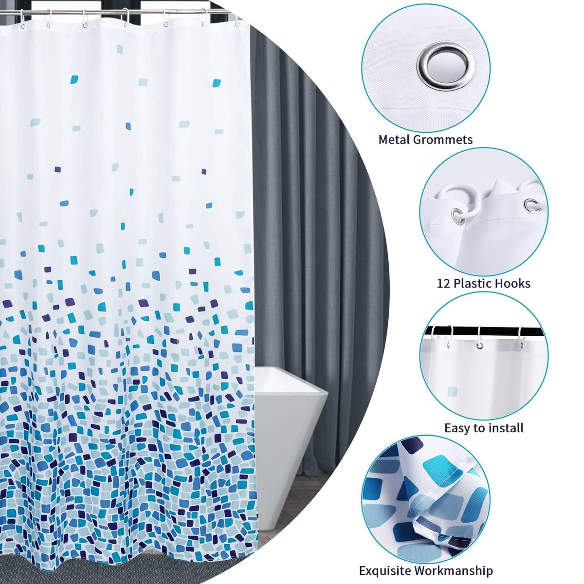 Homxi Bathroom Curtains Mould Proof Resistant 300x200cm,Polyester Shower Curtain with Hooks,Shower Curtain Weighted,Mosaic Pattern Bathtub Curtain