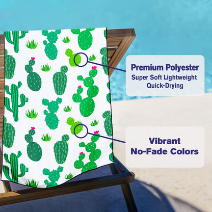 Violetpos Cute Cactus & Heart Beach Towel, Extra Large 180x90 cm 250GSM Microfibre, Sand Free Quick Dry