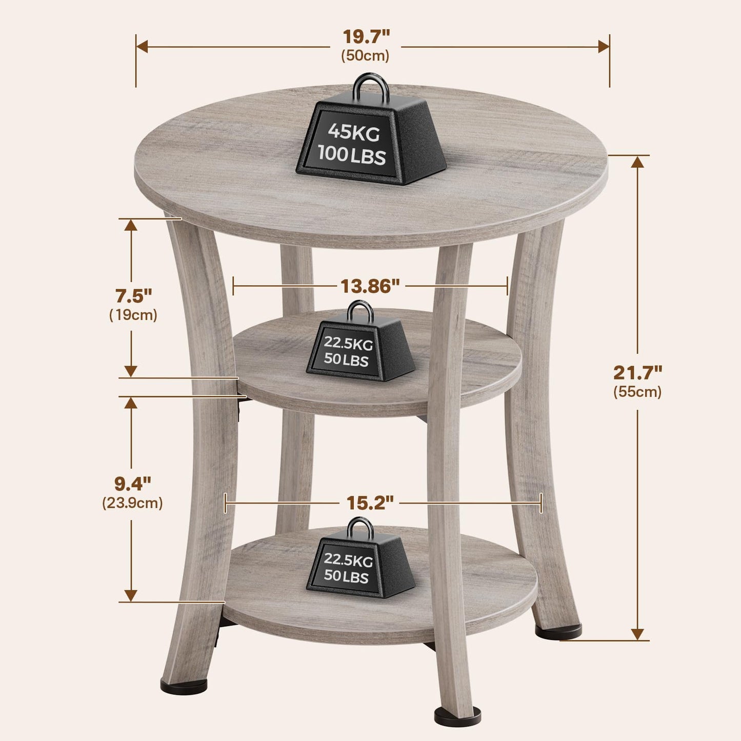 Yuede Round End Table, 3 Tier Side Table with Storage, Farmhouse Wood Side Table, Vintage Sofa Bedside Table Coffee Table for Bedroom Living Room