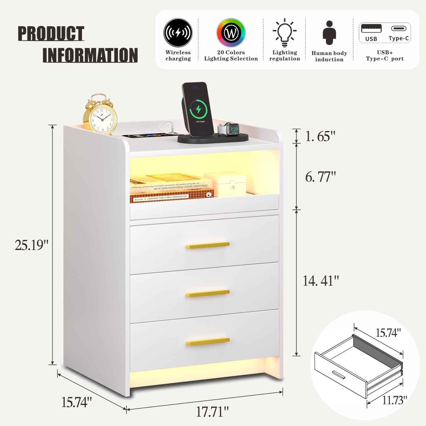 FREDEES Bedside Table with Charging Station and LED Lights, White