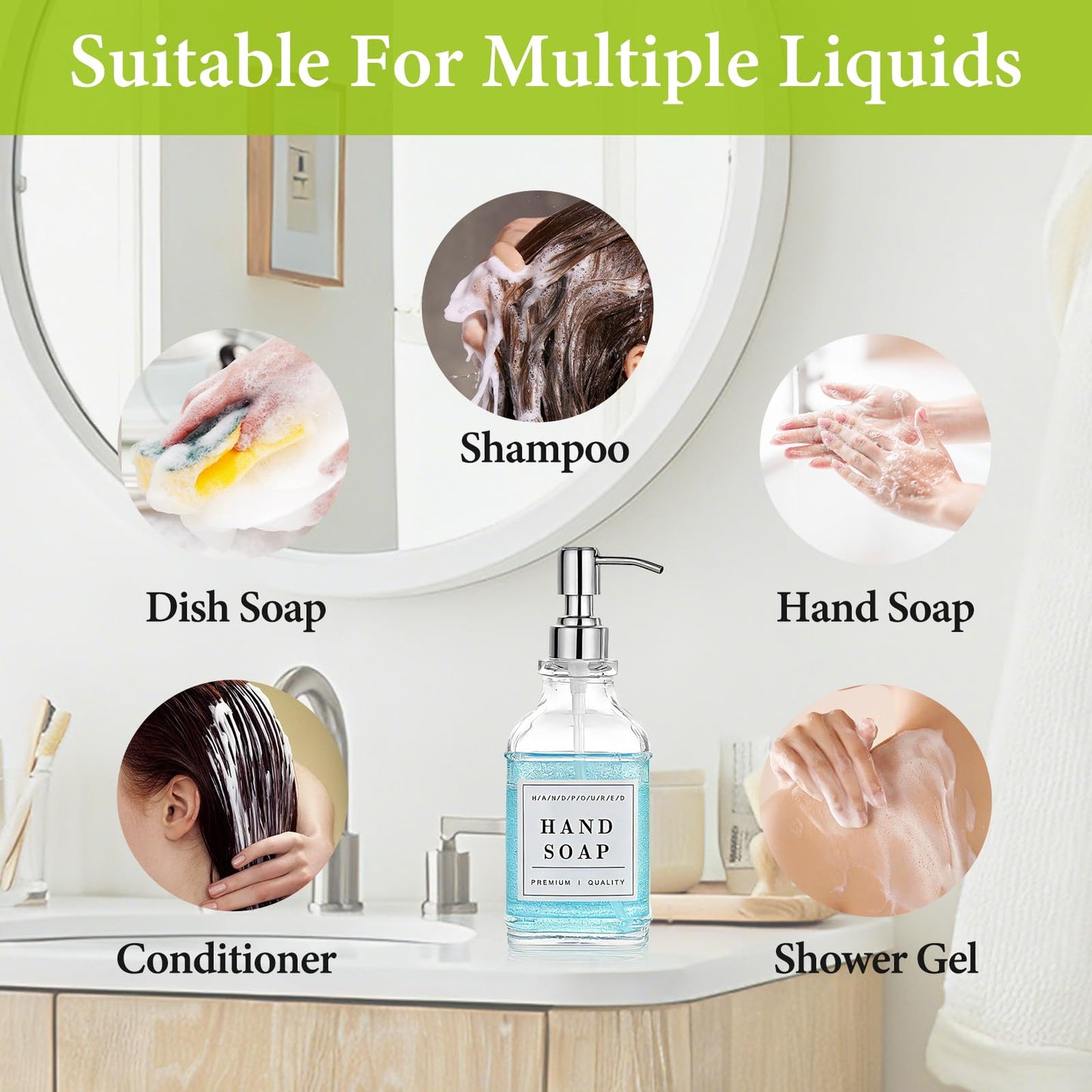 Pollock 2 Pcs 500ml Glass Soap Dispenser with 304 Stainless Steel Pump, Rustproof, Hand and Dish Soap Dispenser, with Labels and Tray, for Bathroom