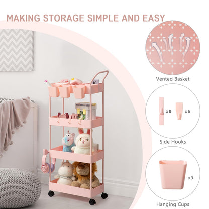 danpinera 4-Tier storage trolley, storage trolley on wheels, beauty trolley with Dividers & Hooks & Hanging Cups, kitchen trolley