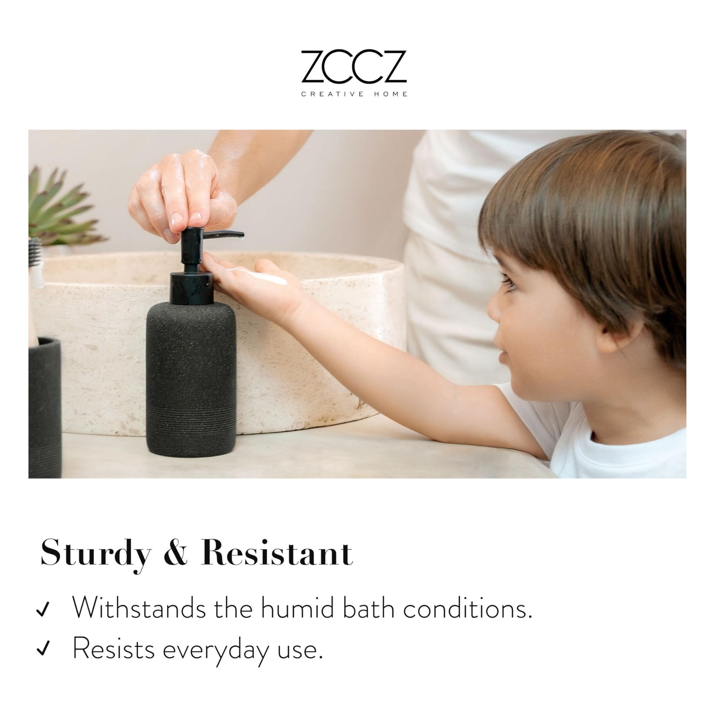 zccz Black Bathroom Accessory Set 6 Pieces - Bathroom Organiser with Tootbrush Holder, Lotion Soap Dispenser, Vanity Tray and 2 Qtip Holders - Modern