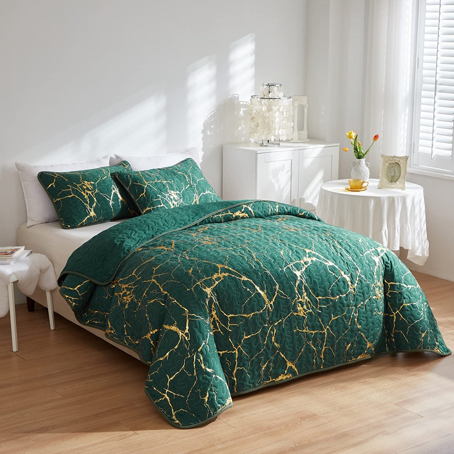Bedspread King Size Green Quilted Bedspread Gold Marble Printed Luxury Soft Microfiber Bedspreads Coverlet All Season Bedding Set