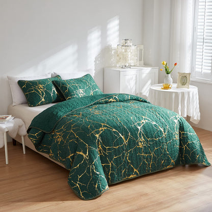 Bedspread King Size Green Quilted Bedspread Gold Marble Printed Luxury Soft Microfiber Bedspreads Coverlet All Season Bedding Set