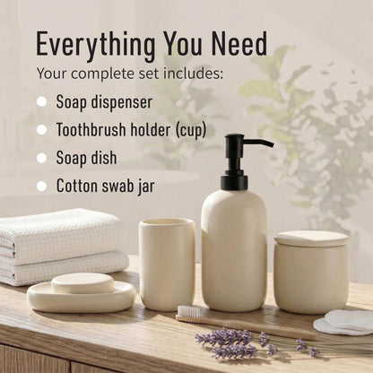Ava Nord Modern Minimalist Ceramic Bathroom Accessories | Set of 4 | Cream