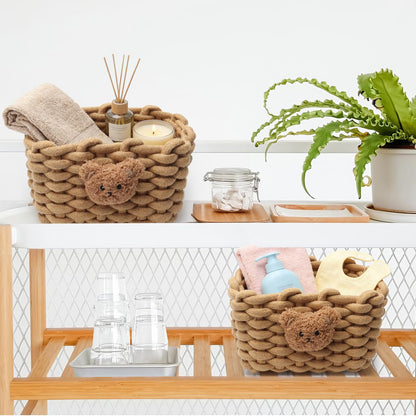 Woven Cotton Wicker Storage Basket with Bear Motif, White - Bathroom Organizer for Desk, Makeup Table, Cabinets, Bath, Kitchen (Brown)