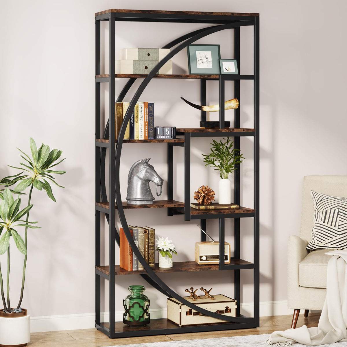 Tribesigns Industrial Bookcase 180 cm Height - 5-Tier Vintage Brown Shelf with 8 Open Compartments, Sturdy Shelf Unit for Living Room / Home Office