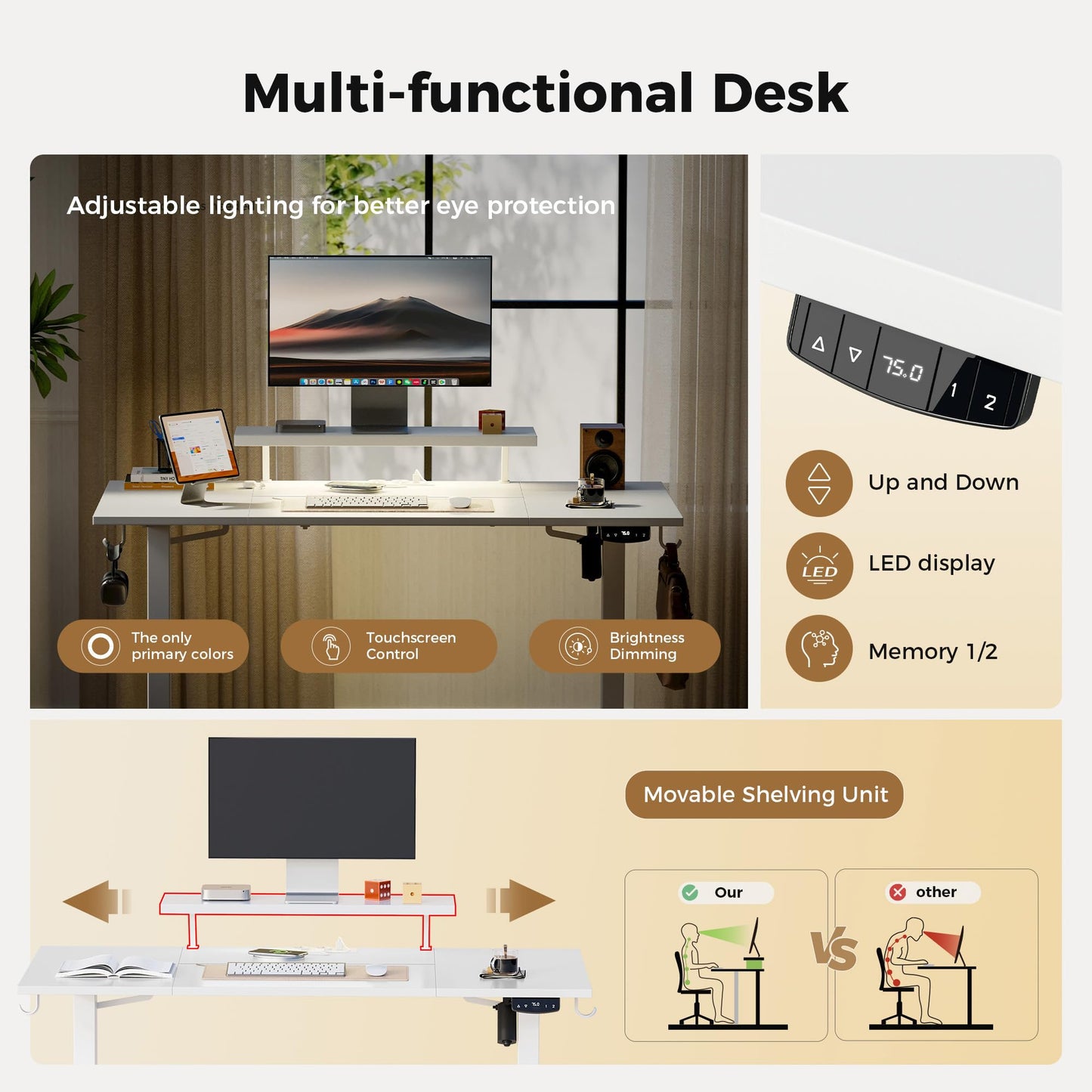 Agilestic Electric Standing Desk, Led & Plug, Movable Monitorstand, 160x80