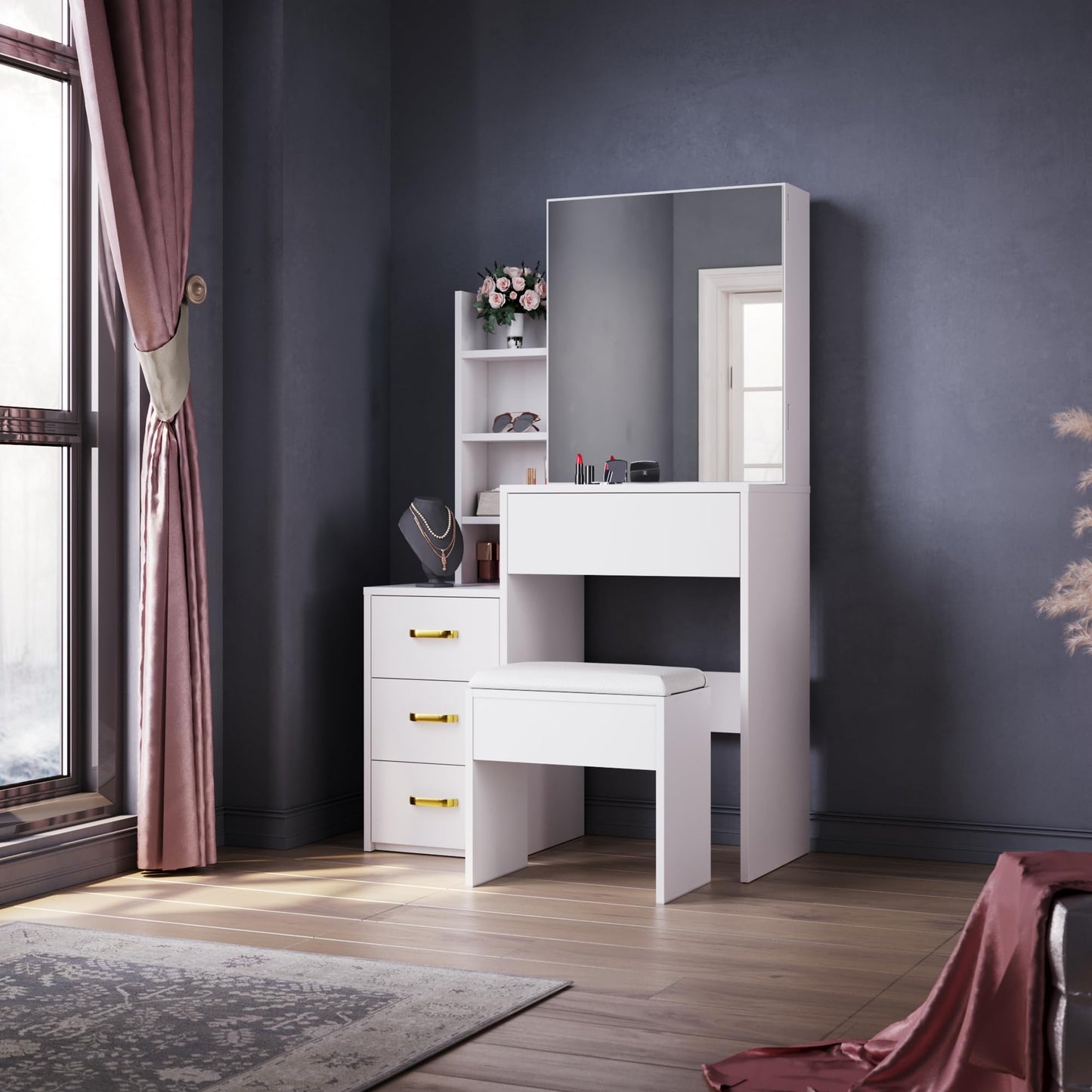 ELEGANT Dressing Table with Sliding Mirror and stool, Vanity Makeup Desk with 3 Drawers and 4 Shelves, Large Storage White Makeup Table set for Girls