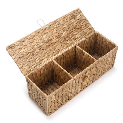 Wicker Bathroom Basket with Lid, Water Hyacinth Toilet Tank Basket with 3 Compartments, Woven Storage Box for Bathroom Organizer (33.5 x 13 x 11.5 cm)