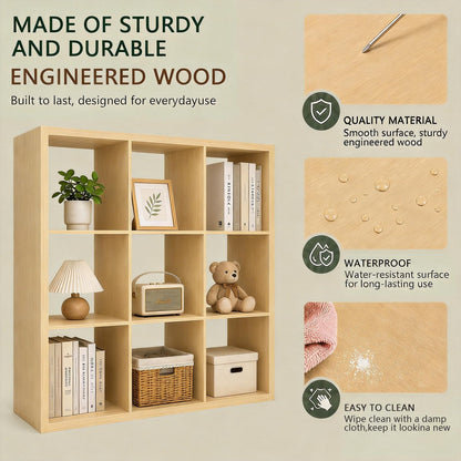 CTESNE【Wooden Thick Frame 9 Cube Storage Organizer Shelf with Anti-Tipping Kits + Reversible Open Back Bookcase