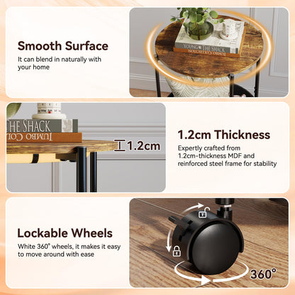 ARTETHYS Side Table, Small Side Coffee Tables for Living Room, End Table with LED Lights, Wheels, Storage Basket, Bedside Sofa Tables for Bedroom