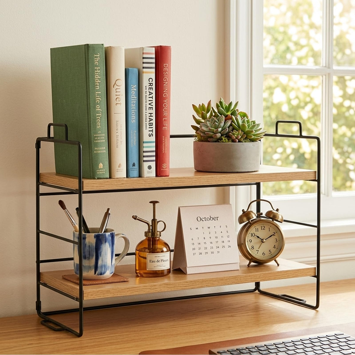 Milky Way Desktop Bookshelf Organizer, 2-Tier Wood Desk Shelf, Black Frame