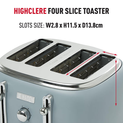 Haden Highclere Blue Toaster 4 Slice - Adjustable Browning Control - Removable Crumb Trays - Easy To Clean 4 Slice Toaster - Cord Storage - Stainless