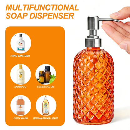 Glass Soap Dispenser Orange - 350ml/ 16 Oz Hand Soap Dispenser with Rustproof Stainless Steel Pump Liquid Hand Jar Refillable Glass Bottle for
