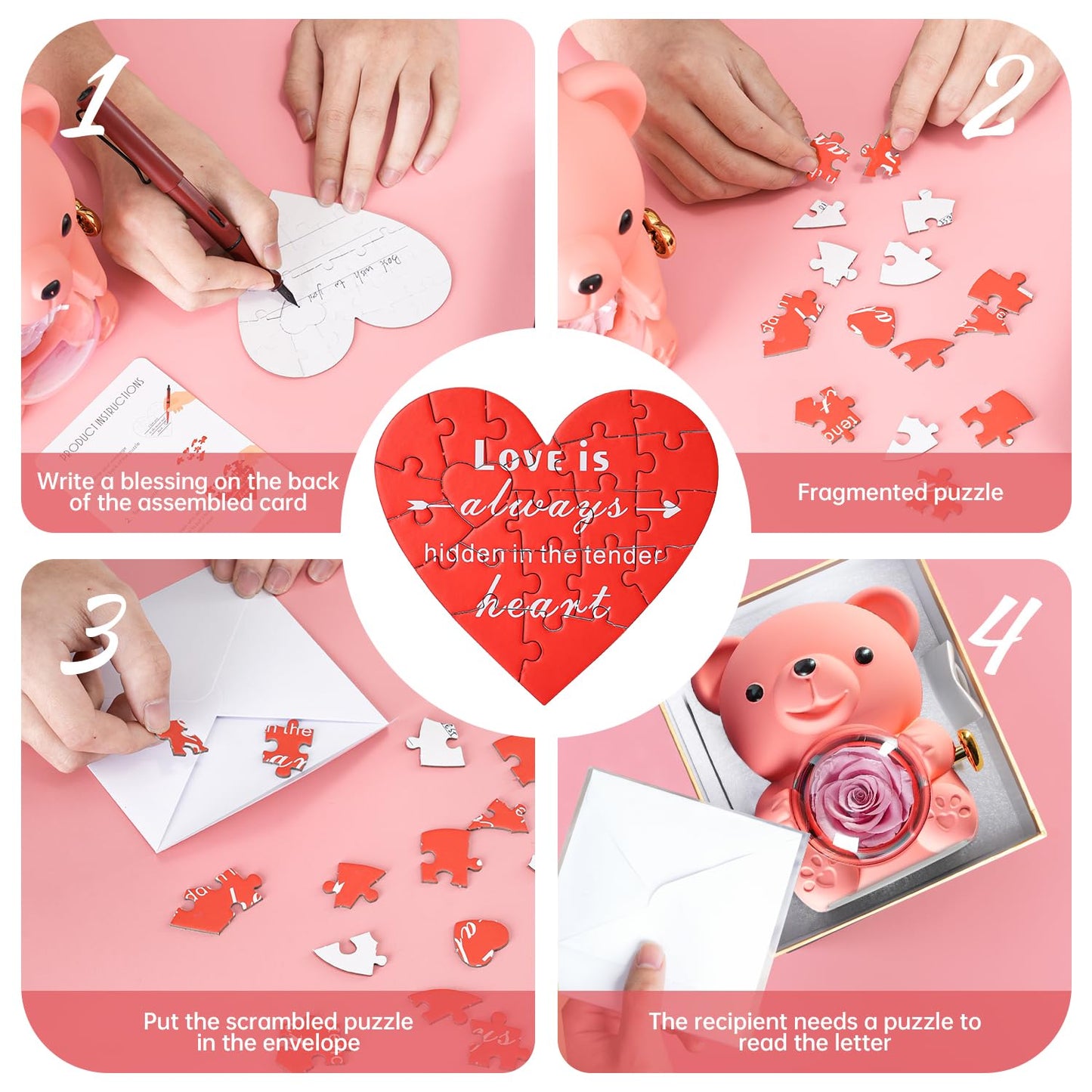 Ariceleo Pink Teddy Bear with Preserved Rose, Real Rose Flower in Bear, Elegant Gift Box, Heart-Shaped Necklace, Unique Gift for Valentine's Day,