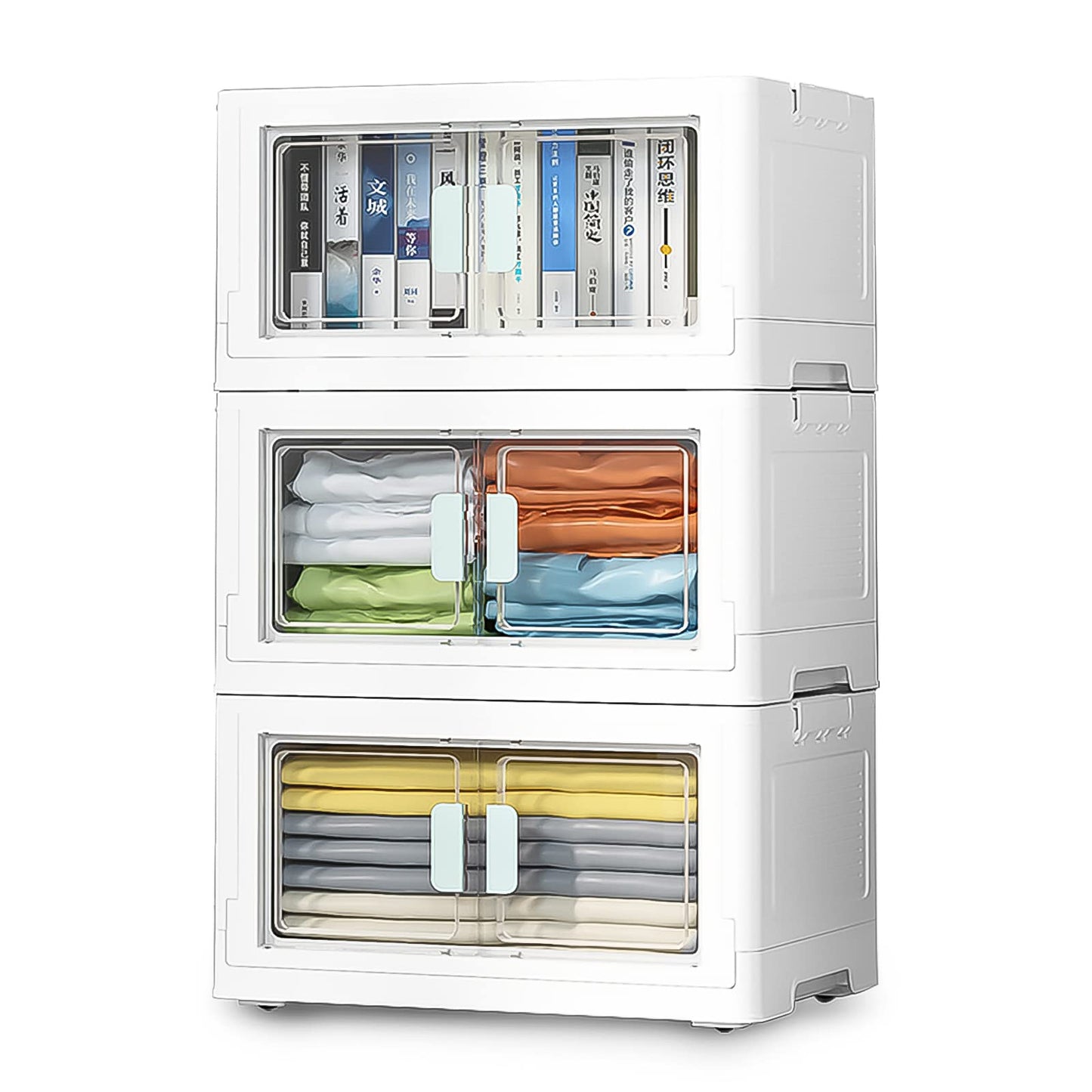 BTGGG 3 Pack Stackable Storage Boxes Large 50L*3 Foldable Collapsible Clear Storage Boxes Organizer 50 * 36 * 90cm, Front Door Opening for Easy