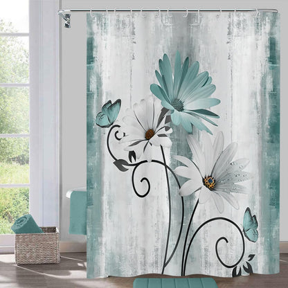 Hnmdmyi Farmhouse Floral Shower Curtain 90x180, Rustic Turquoise Daisy Flowers and Butterfly on Country Wooden Board Bathroom Curtains Waterproof
