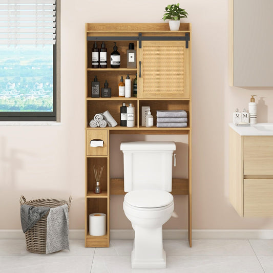 BonVache Tall Cupboard for Bathroom, Cabinet Over The Toilet Storage and Washing Machine, Equipped with an Anti-Dumping Device, Rattan Natural