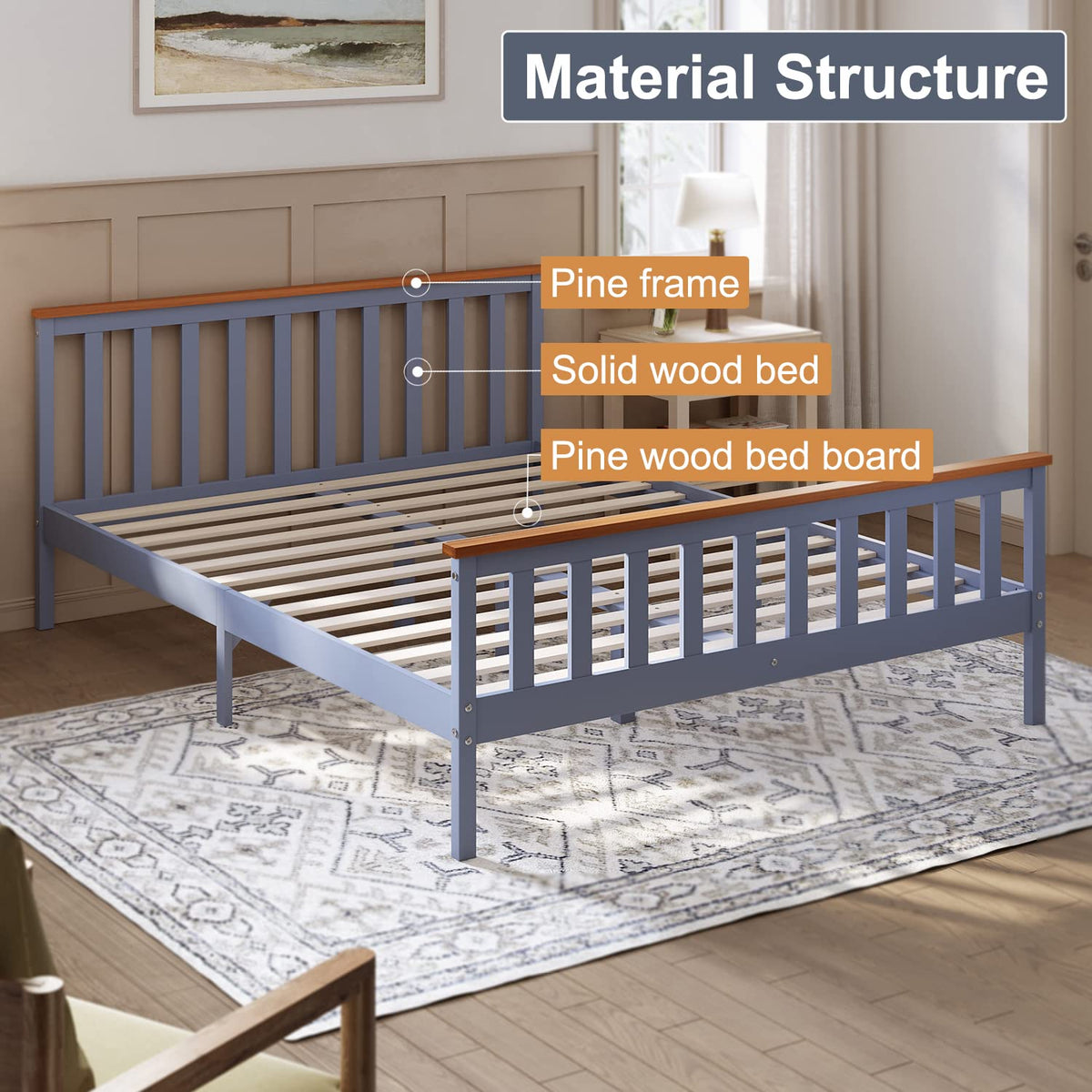 ELEGANT King Solid Wood Bed Frame with Slatted Headboard 5ft, 150x200cm