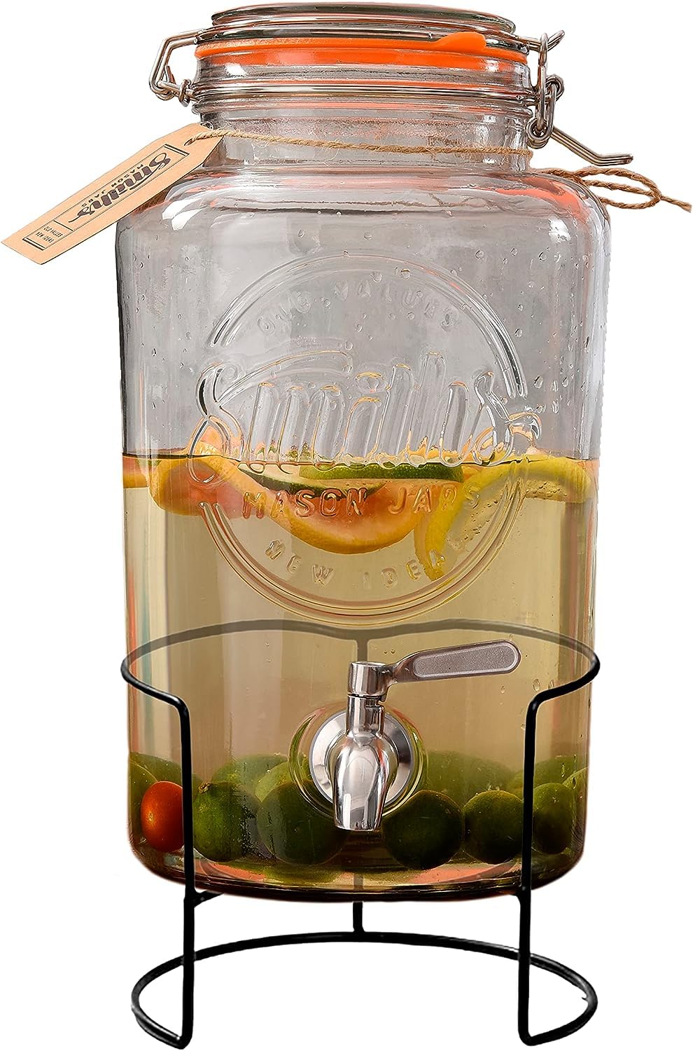 Smith's Mason Jars 5-Litre (169oz) Drink or Water Dispenser with Stainless Steel Spigot(Tap), Removable Mesh Filters and Metal Stand - Ideal for