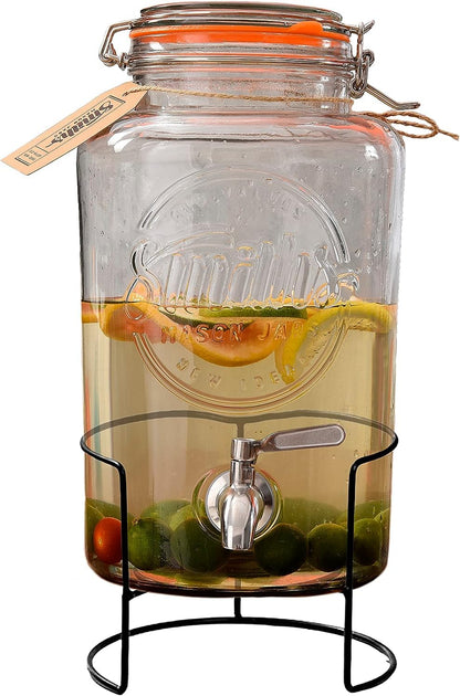 Smith's Mason Jars 5-Litre (169oz) Drink or Water Dispenser with Stainless Steel Spigot(Tap), Removable Mesh Filters and Metal Stand - Ideal for